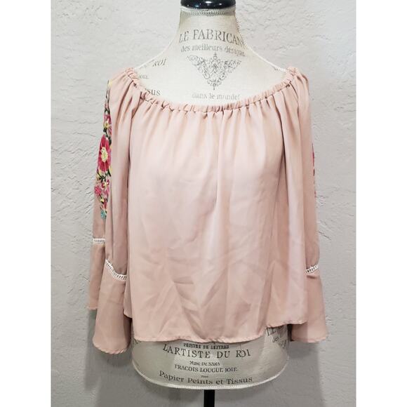 Gianni Bini Pink Sheer Cold Shoulder Embroidered Long Sleeve Blouse Dress Shirt - Picture 10 of 11